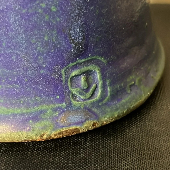 Handmade Blue Artisan Pottery Wooden Peg Flower Frog Utensil Holder Signed Vase - Picture 7 of 8